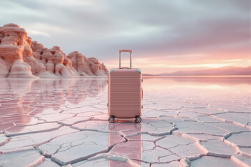 Pink travel suitcase standing on cracked, reflective ground in a surreal desert landscape at sunset, symbolizing journey and abstract travel.