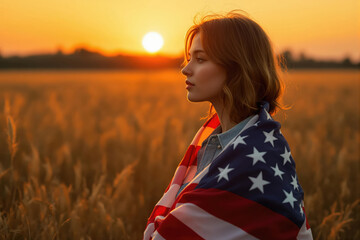 Young Caucasian woman wrapped in an American flag looking pensively towards the setting sun in a wheat field, symbolizing reflection and patriotism.