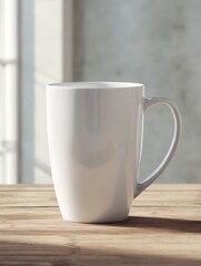 Fototapeta premium Plain white ceramic mug on wooden table in sunlit room.