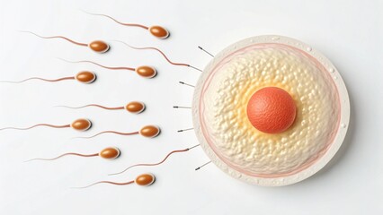 Detailed digital illustration of a female egg cell, displaying its layered structure and nucleus, with multiple male spermatozoa actively swimming towards it, symbolizing fertility and life's origin.
