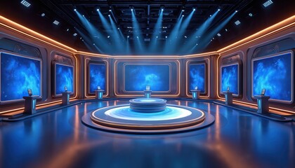 Futuristic quiz show studio set featuring modern design with blue, gold accents. Circular stage bright blue illumination. Large screens display cosmic nebula background, creating engaging atmosphere
