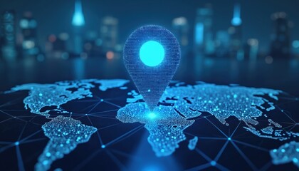 Digital map with glowing pin locating Africa, representing global connectivity, navigation. Image IoT, cyberspace, worldwide communication networks for business, travel, smart technology.