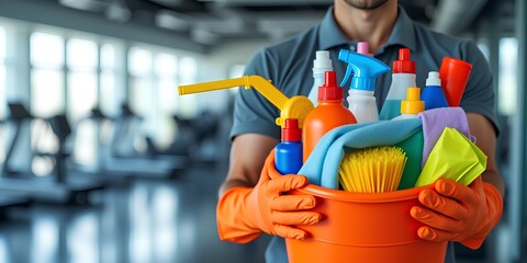 A person wearing orange rubber gloves is holding a cleaning bucket with various cleaning supplies
