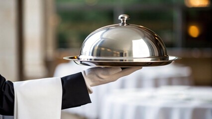 Close-up of an immaculately gloved hand holding a highly polished metal food cover on a platter, symbolizing impeccable service and an air of sophistication