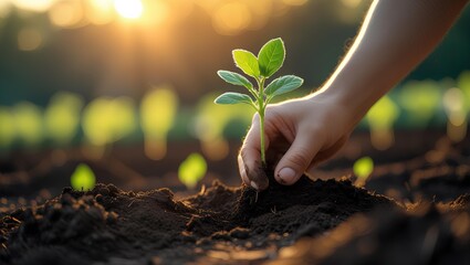 a person’s hand carefully planting a young green plant in dark soil