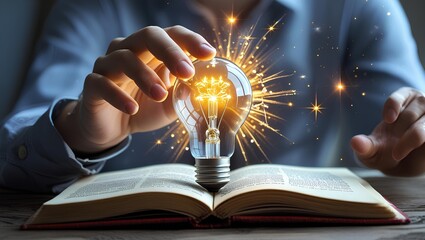 A person’s hand touch a glowing lightbulb, symbolizing the moment of inspiration or discovery