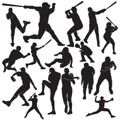 Illustration vector graphics of a set baseball players silhouette in various dynamic poses perfect for background, design templates, stickers, logo, mascot, decorations, sports themed, design template