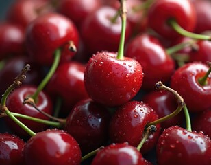 Close-up of vibrant, shiny red cherries covered in water droplets. Ripe, juicy fruits glossy texture, perfect for summer desserts, snacks, healthy eating. Macro photo captures delicious, natural