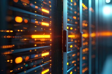 Futuristic server rack with glowing orange LED indicators in a high-security data center, symbolizing cloud computing and digital networks. Perfect for tech presentations or cybersecurity themes