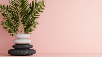 Obraz premium Minimalist Design Elements to Enhance Mindfulness Meditation Ambiance with Natural Leaf and Stone Arrangement Calming Serene and Contemplative Aesthetic for Relaxation