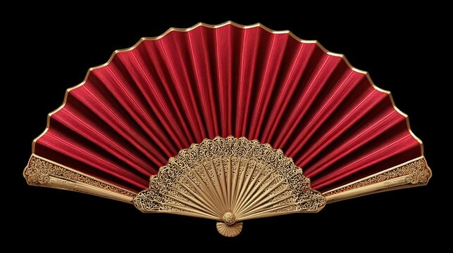 Red fan with ornate golden frame and ribs on a black background - Powered by Adobe