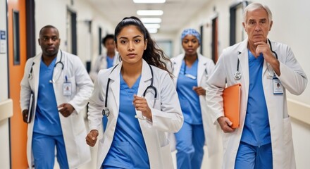 A diverse group of medical professionals running urgently down a hospital corridor, focused.