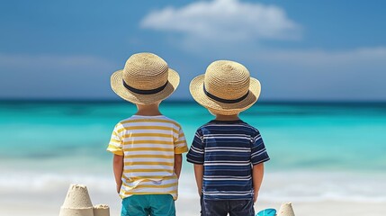 Two young children a boy and a girl happily building sandcastles decorating them with seashells and playing with beach toys on a beautiful sunny