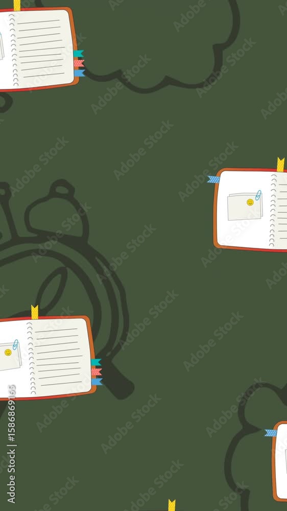 Poster animation of repeated open notebooks moving on green background with black clocks and speech bubbles