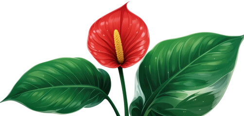 Obraz premium Vibrant Red Anthurium Flower with Green Leaves, Nature Illustration, Botanical Art