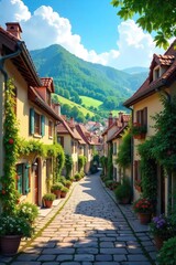 Fototapeta premium Charming European Village in Rolling Hills Serene Summer Scene Ideal for Travel Brochures and Tourism Marketing