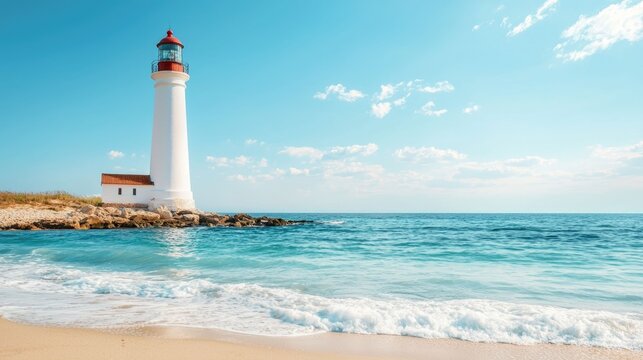 Scenic lighthouse standing tall against the azure blue sky overlooking a tranquil beach with soft rolling waves gently lapping the golden sand