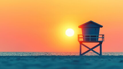 Silhouetted lifeguard tower standing tall against a breathtaking radiant summer sunset over the tranquil ocean