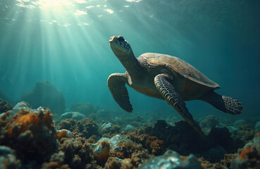 Obraz premium Graceful sea turtle swims through clear blue ocean water. Sunlight filters down through surface, illuminating coral reef habitat below. Image highlights marine life, conservation needs, raising