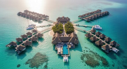 Luxurious overwater bungalows arranged around a central island resort in a tropical lagoon.
