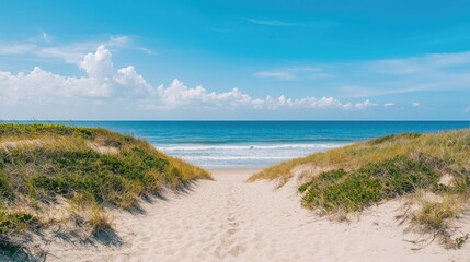 Sandy footpath winding through dunes and grassy coastal vegetation leading to a serene ocean horizon under a bright blue sky  A peaceful idyllic coastal landscape perfect for relaxation and vacation