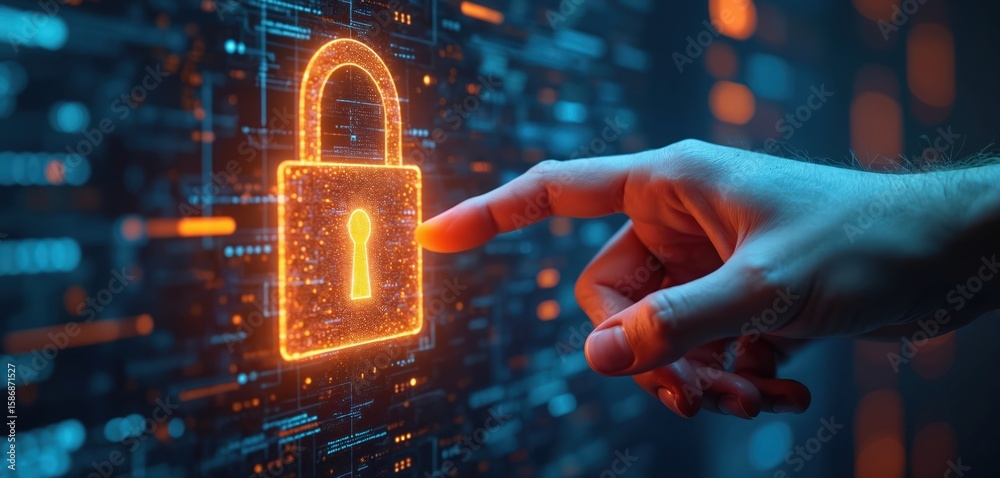 Poster digital padlock cybersecurity, data privacy, secure network access. finger interacts with glowing in