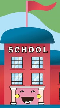 Animation of school building digital icon on green background