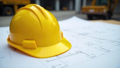 Safety First Yellow Hard Hat on Construction Blueprint, signifying preparedness and security on a building site.  Image conveys a sense of responsible risk management and hazard prevention.