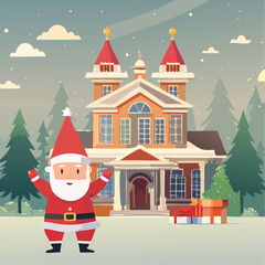Santa Claus in full joy ready to distribute gifts in a small town