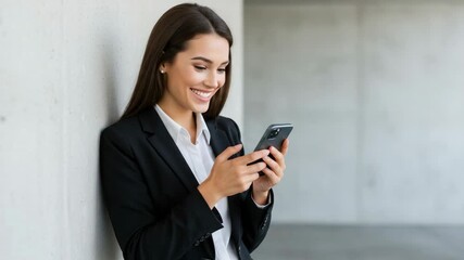 Smiling young businesswoman using a smartphone while leaning against a wall. Happy professional female entrepreneur texting on her mobile phone in a modern office. - Powered by Adobe
