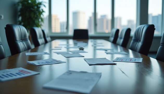 Boardroom table with scattered financial papers, vacant chairs suggests recent intense corporate strategy, decision-making. Empty room reflects aftermath of planning sessions. City skyline visible