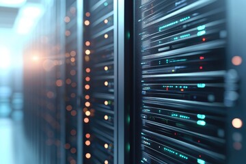 Naklejka premium Modern data center server racks with glowing LED indicators in a high-tech environment, ideal for use in cloud technology, IT infrastructure, or network security content