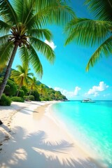 Fototapeta premium Sun-Drenched Beach Paradise Vibrant Summer Scene of Turquoise Water, Swaying Palms, and Soft White Sand. Ideal for travel, vacation, and summer projects.