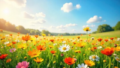 Sun-Drenched Wildflower Meadow Gently Swaying in Summer Breeze Joyful, Peaceful Scene Perfect for Blogs, Websites & Presentations