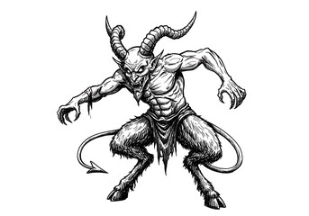 Black and white drawing of demon pose