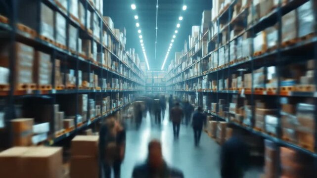 People walking through a busy warehouse filled with stocked shelves and bright lights - Powered by Adobe