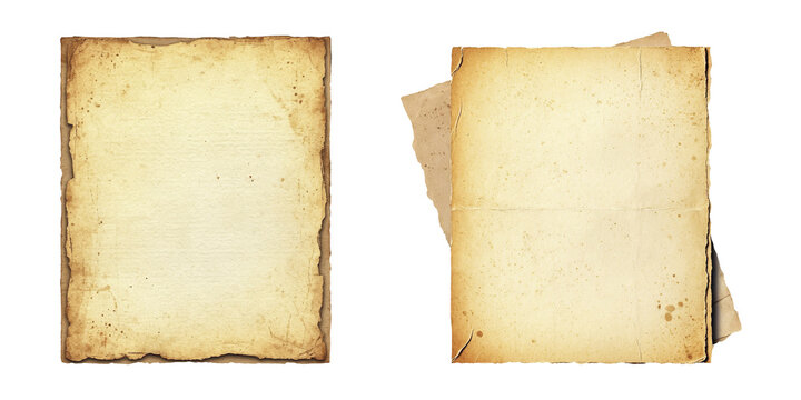 A stack of old sheets of parchment paper with torn and wrinkled edges. digital illustration. The yellowed manuscript sheet is highlighted on a white background. Textures of vintage paper