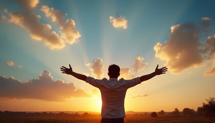 Silhouette of a successful businessman with arms outstretched in joy at sunset. Rays of light shine through clouds. Man celebrates achievement, happiness and freedom in nature field.
