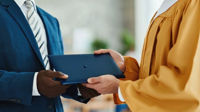 Proud teacher handing diploma to happy graduating student in a classroom setting celebrating academic achievement and success