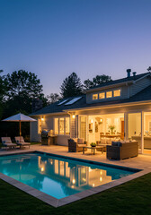 Modern House with Illuminated Pool and Garden at Night