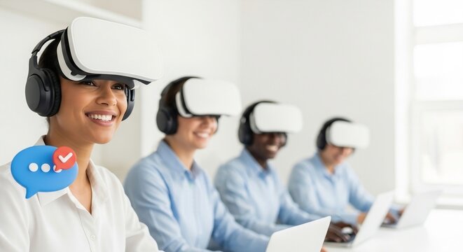 Diverse Team Working with VR Headsets and Laptops in Modern Office