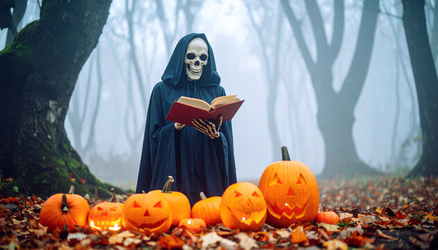 A robed skeletal figure reads a book amidst carved pumpkins in a foggy forest.