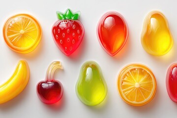 Colorful fruit-shaped jelly candies arranged on a white surface.