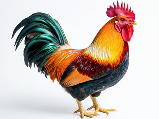 Fototapeta premium Elegant rooster with black-green tail and red comb, isolated on white in vivid 8K detail.