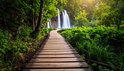 Obraz premium Wooden Pathway Leading To Waterfall In Lush Forest