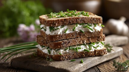 Healthy Gourmet Focus An artistic shot of a wholesome sandwich stacked with nutritious whole grain bread and smooth cottage cheese garnished with a sprinkle of green chives with a blurred