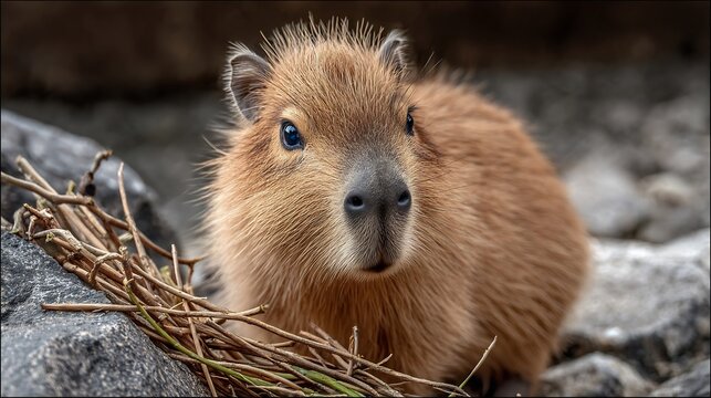 Adorable baby capybara portrait. Cute furry animal with light brown fur and dark eyes.