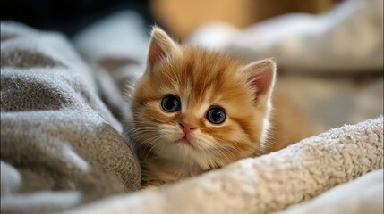 Close-up of a charming ginger kitten with big blue eyes resting on a soft blanket.