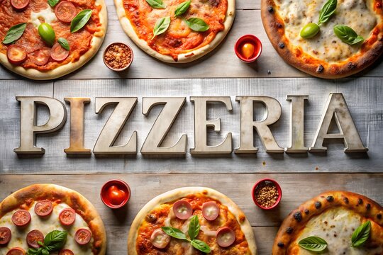Pizzeria text on table with several pizzas placed around it overhead shot Italian restaurant theme warm tones pizza styles visible food diversity pizza branding clear sign artistic layout