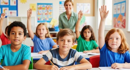 Enthusiastic elementary school students eagerly participate in class, raising their hands to answer questions, guided by their attentive teacher.